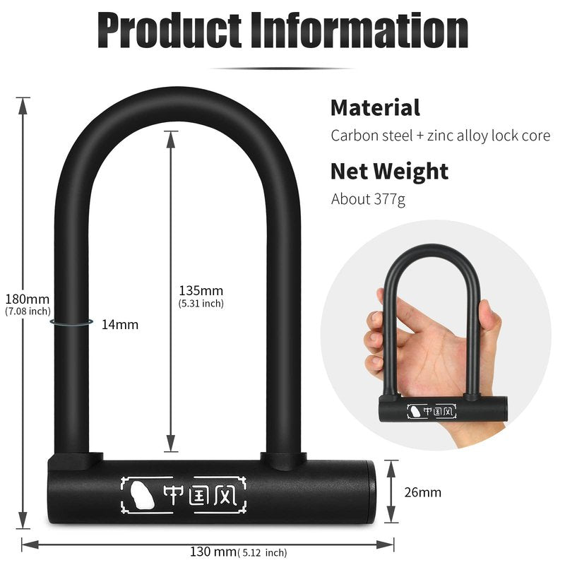 Bike U-Lock with 2 Keys, Heavy Duty High Security Anti-Theft Lock, Waterproof Rustproof Bicycle U-shaped Lock for Electric Scooter Mountain Bikes, Road Bikes, Shop Doors, Fences, with Mounting Bracket