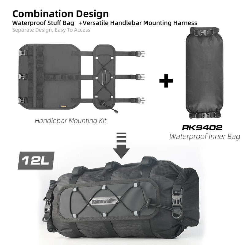 Rhinowalk Waterproof Handlebar Bag 12L, Roll-Top Bikepacking Dry Bag with Front Panel & Removable Harness, Shoulder Strap Included (Type 9300)