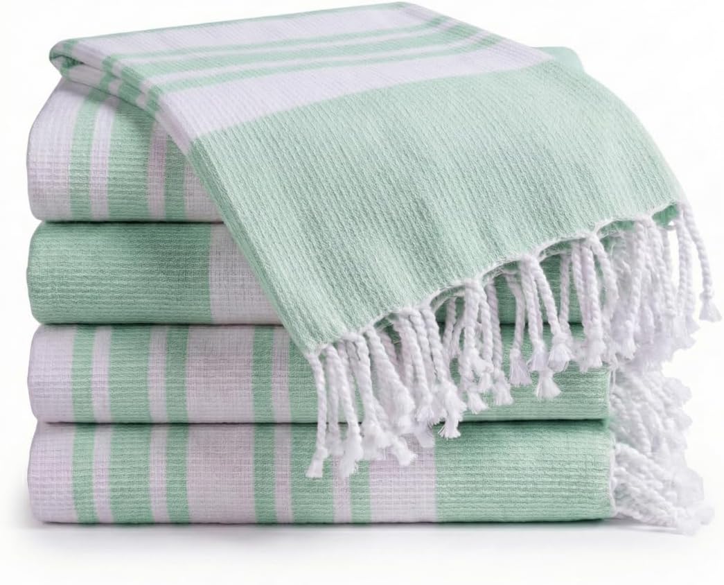 Turkish Beach Towels Set of 4 - Oversized 40x70 Inch Cotton Towels | Quick Dry, Sand-Free, Aqua Blue