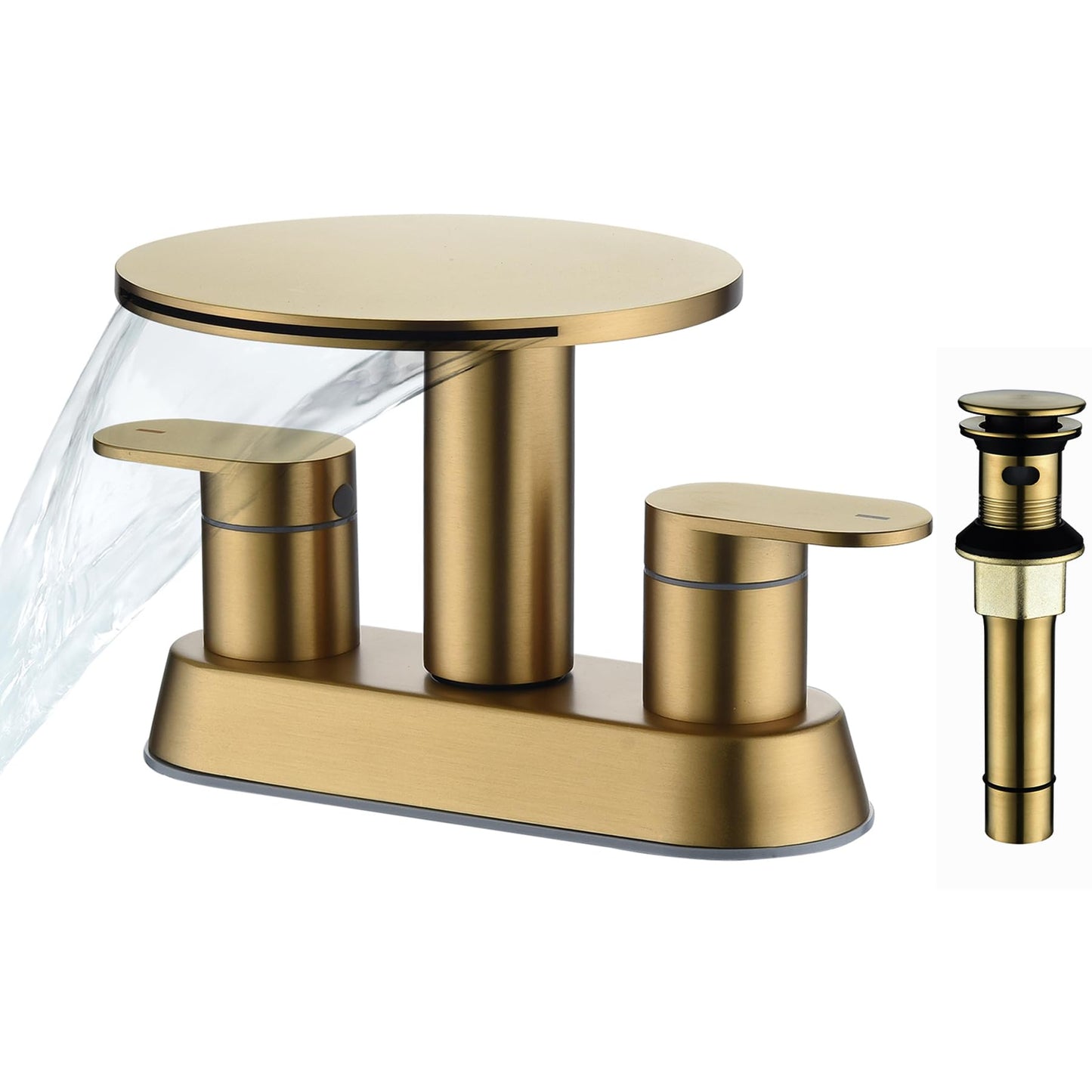 Brushed Gold Bathroom Sink Faucet 3 Hole，Waterfall Bathroom Faucet 4 Inch Centerset with Pop-Up Drain，2 Handle Stainless Steel Faucets for Bathroom Sink Vanity RV