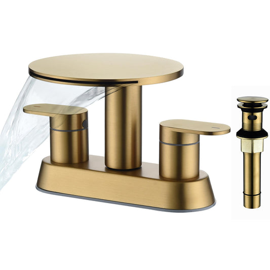 Brushed Gold Bathroom Sink Faucet 3 Hole，Waterfall Bathroom Faucet 4 Inch Centerset with Pop-Up Drain，2 Handle Stainless Steel Faucets for Bathroom Sink Vanity RV
