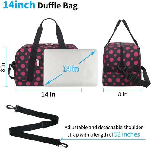 Apenze Small Gym Bag - Lightweight 14-Inch Mini Duffel for Travel & Sports | Polka Dot Pink