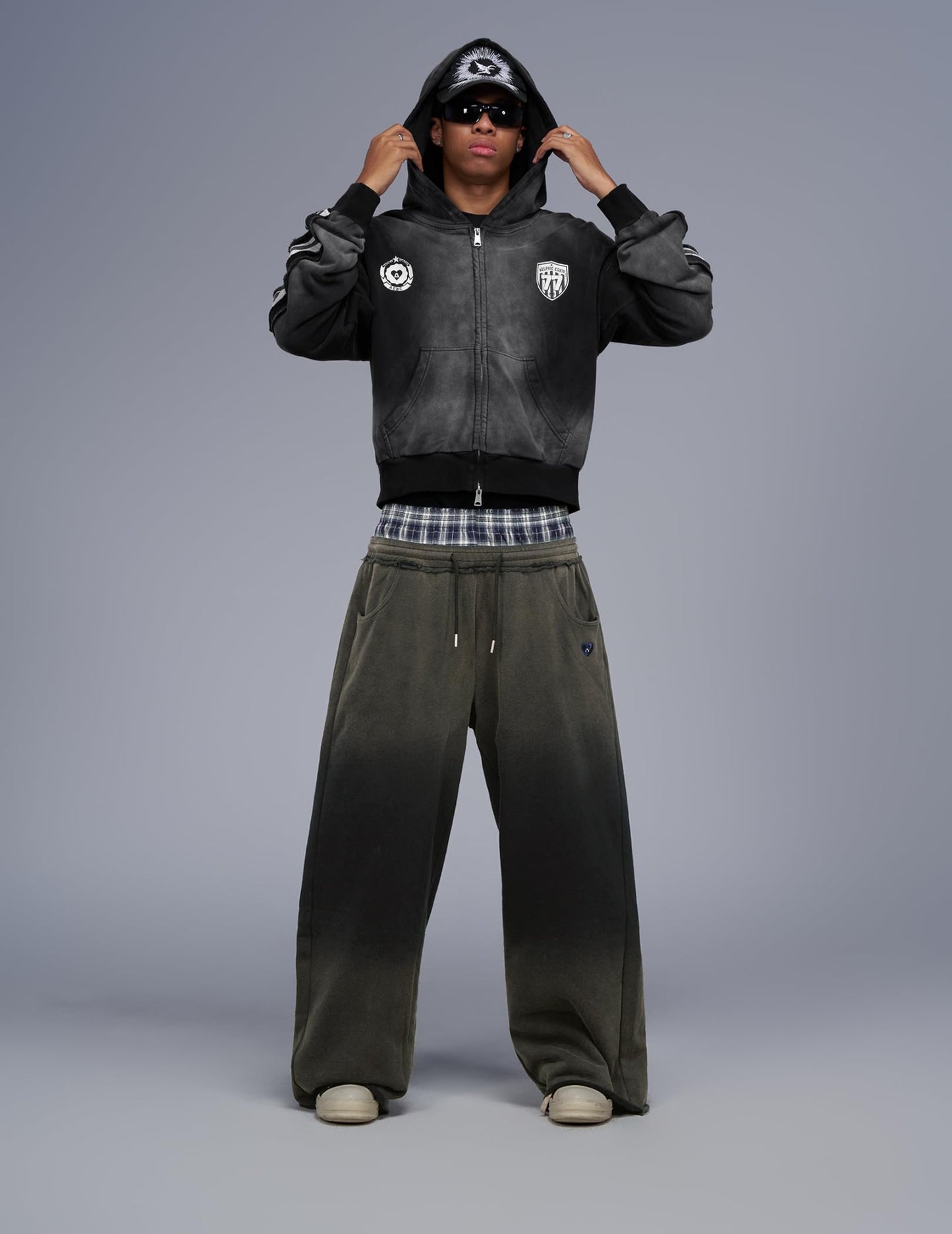 Aelfric Eden Double Waist Washed Baggy Sweatpants Loose Wide Leg Plaid Patchwork Casual Pants with Pockets Dark Grey Large