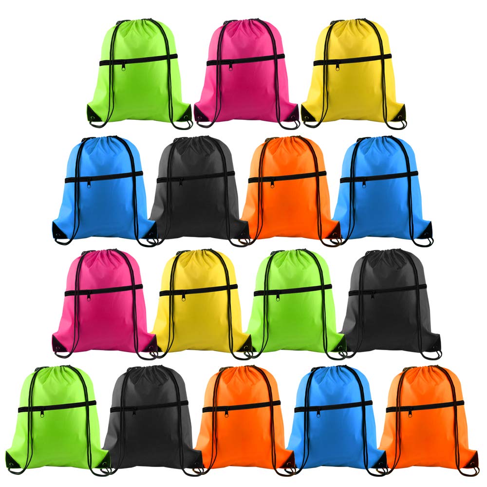 KUUQA 16Pcs Drawstring Backpack with Zipper Pocket Cinch Sack Bulk String Bags（Colorful）