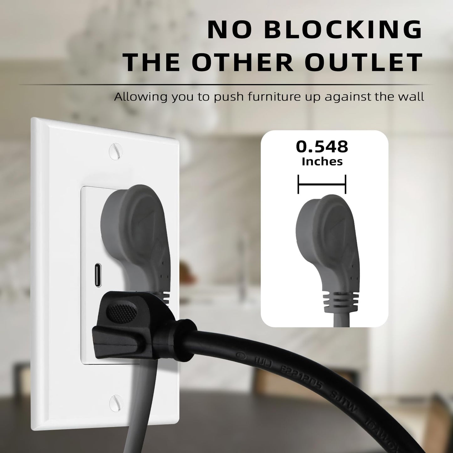 EP 2 Pack 3 Ft Flat Plug Extension Cord, 16 AWG 3 Prong Grounded Grey Low Profile Extension Cable for Indoor