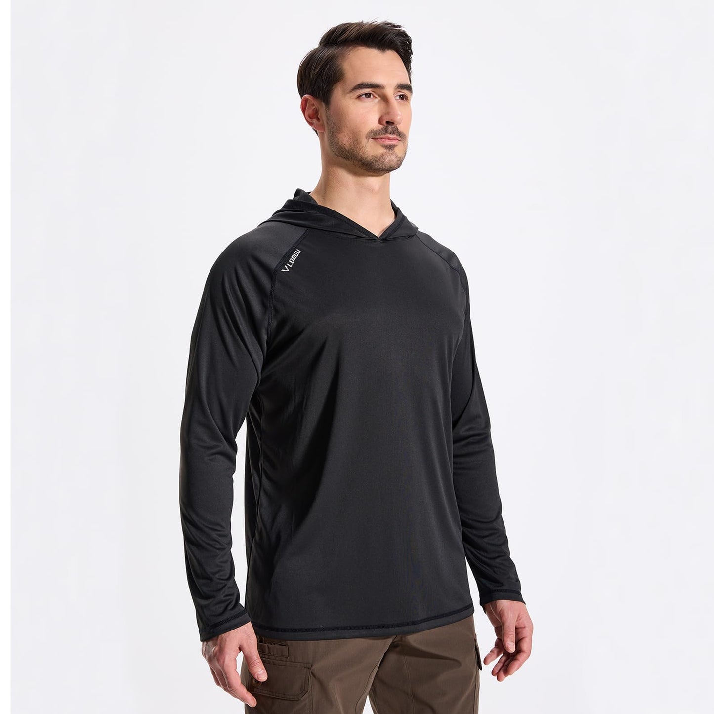 LOOGU Men’s UPF 50+ Sun Protection Hoodie Shirt Quick Dry Lightweight Long Sleeve Rash Guard for Fishing Swimming Beach Solid Black