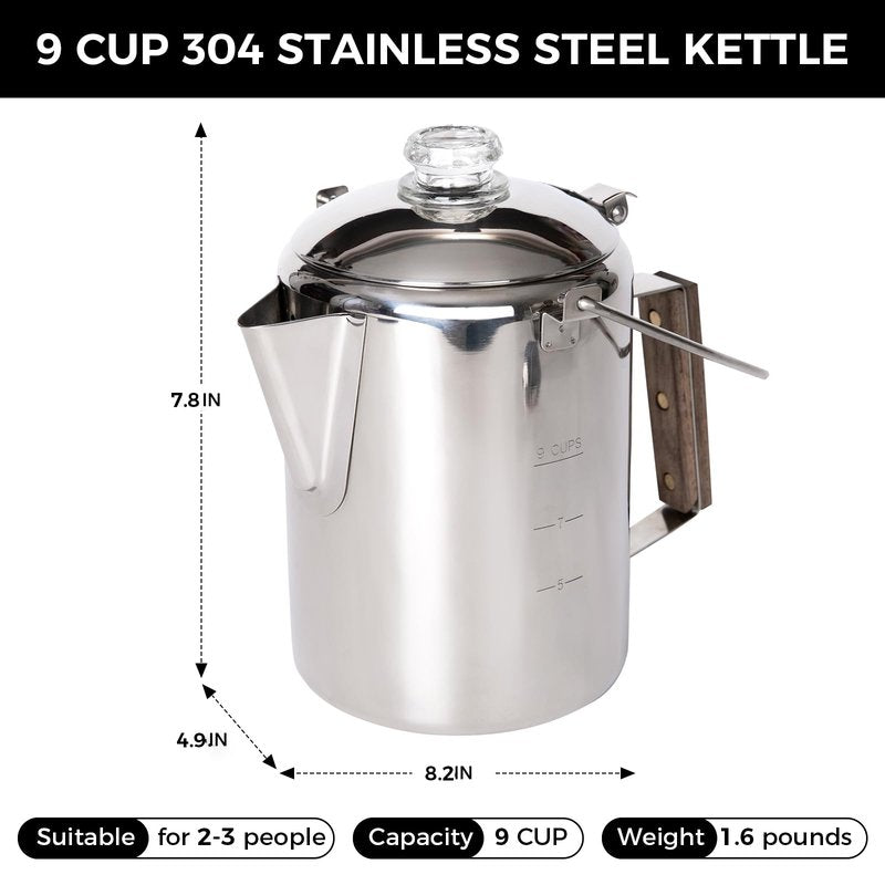 KingCamp Percolator Coffee Pot Campfire Coffee Boiler Kettle 304 Stainless Steel with Wood Handle for Outdoor Camping Cookware, Cabin, RV, Kitchen, Hunting & Backpacking, NO Aluminum or Plastic 9 Cup