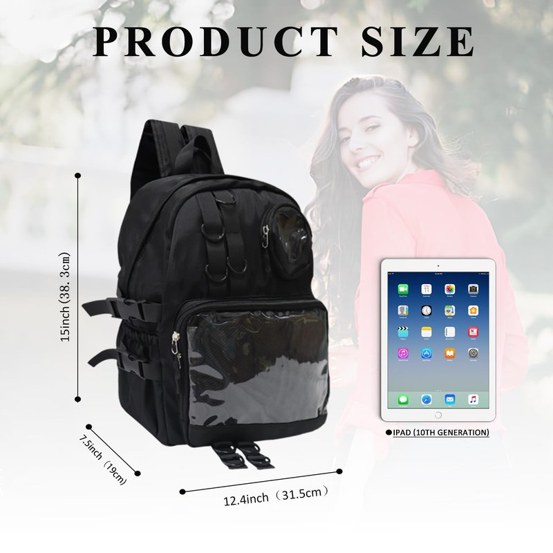 MOVOYEE Backpack for Men Travel Women Work Hiking Casual Daypack Backpacks Teens Girls Boys Kids BookBag,Anti Theft Carry On Clear Backpack,Cute Ita Bag with Pin Display Adjustable Strap Black