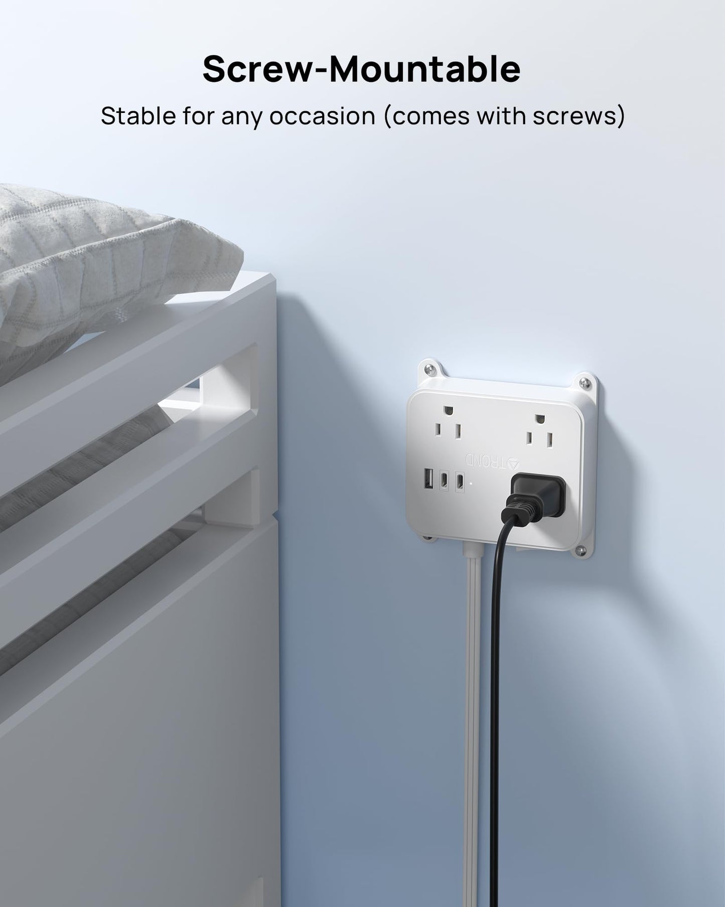 TROND Flat Power Strip with Outlet Cover, 3 AC Widely Spaced Wall USB Plug Extender, 5FT Extendable Outlet Extension Cord, Wall Mount Behind TV, Hidden Under in-Drawer Desk Cabinet Vanity Counter