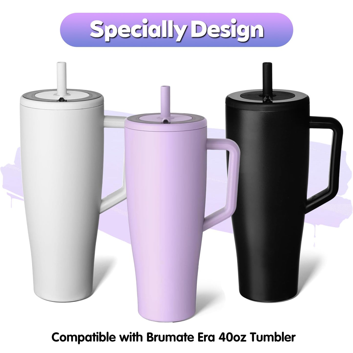 Replacement Straws Compatible With Brümate Era 40 oz Tumbler, Include 2pcs Tumbler Straw Cover Cap and 2pcs Reusable Straw with 2 Cleaning Brush (BLACK)