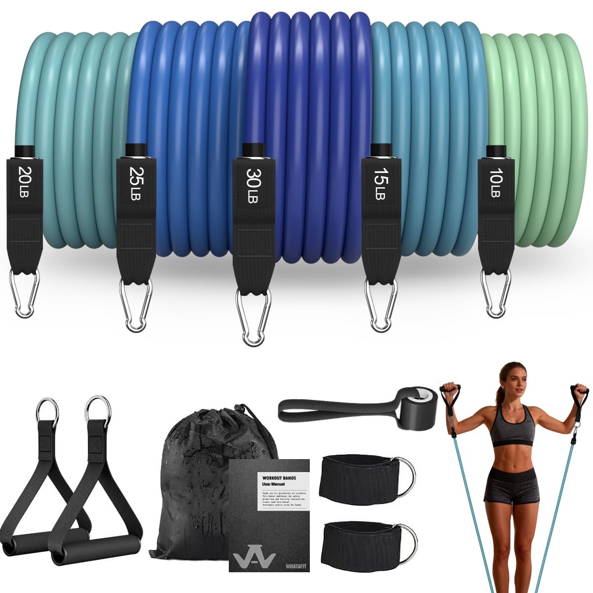 WHATAFIT Resistance Bands, Exercise Bands with Handles, Workout Bands for Working Out, Fitness Bands Set for Home Gym Full Body Strength Training, Muscle Tone, Yoga & Stretching