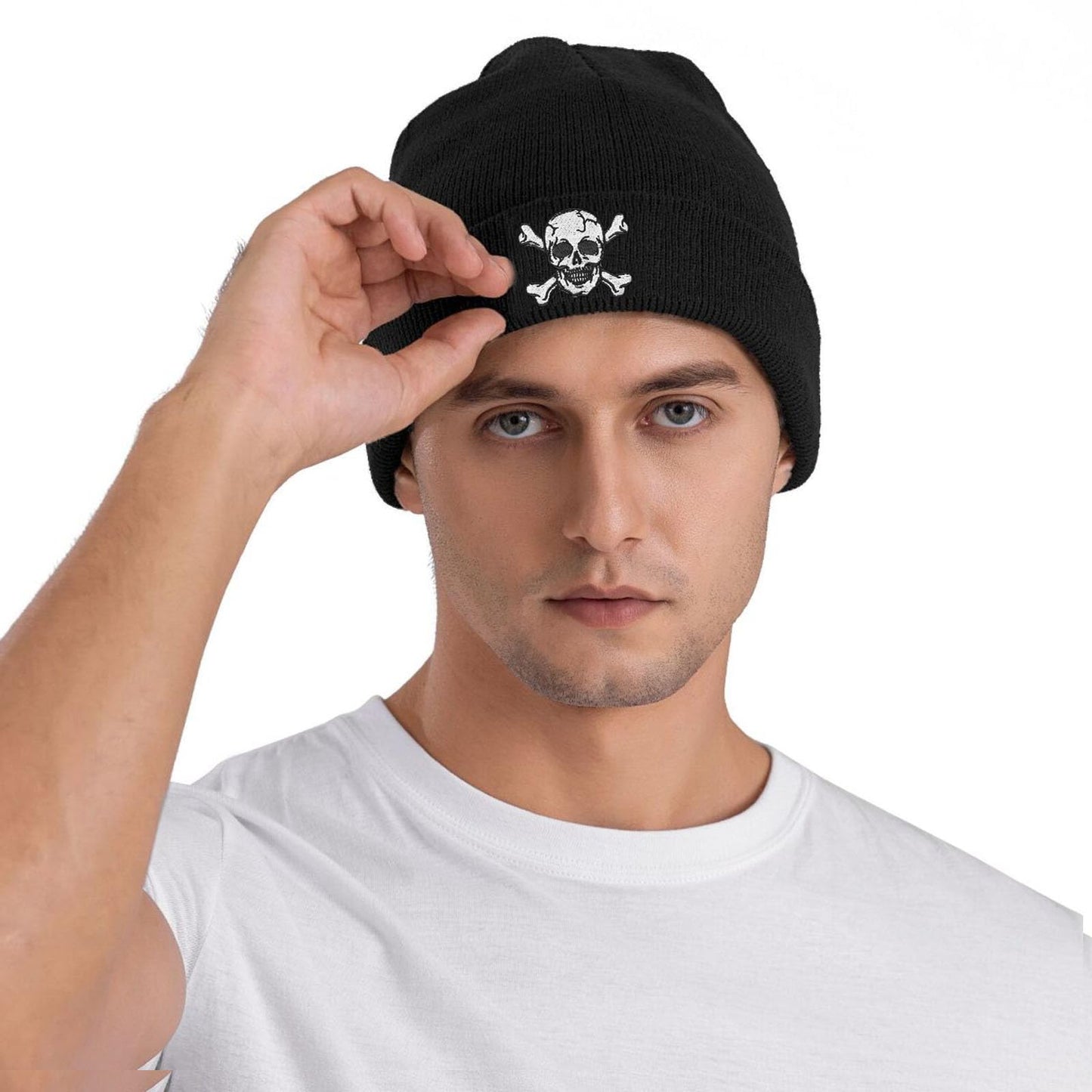 Vxchkerm Skeleton Beanie Hats for Men Women, Funny Halloween Knitted Cuffed Crossbones Cap, Warm Soft Stretchy Embroidered Skull Beanies Winter Hat Black