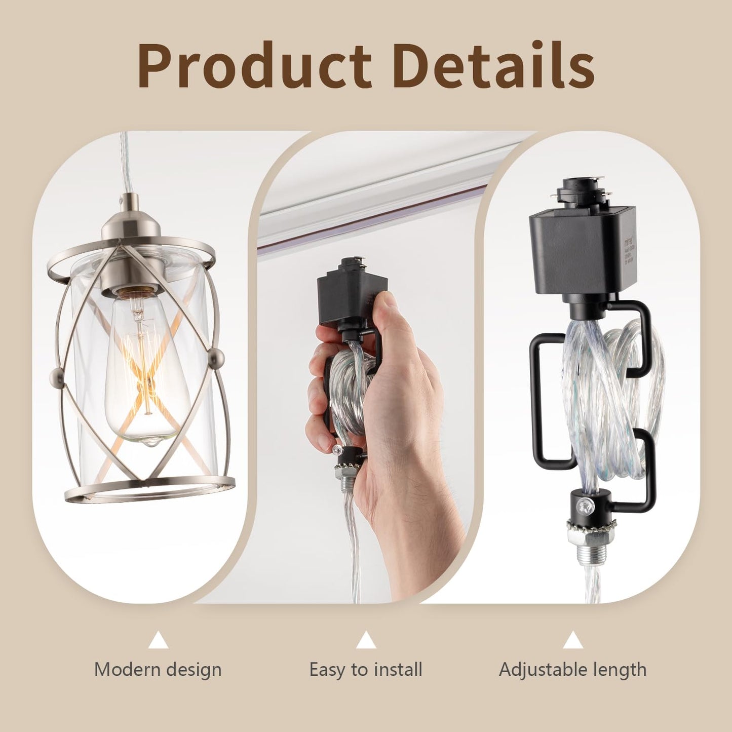 mirrea H-Type Brushed Nickel Track Lighting Pendant with Dotted Cage Clear Glass, Adjustable Hanging Light, E26 Socket, Pack of 3