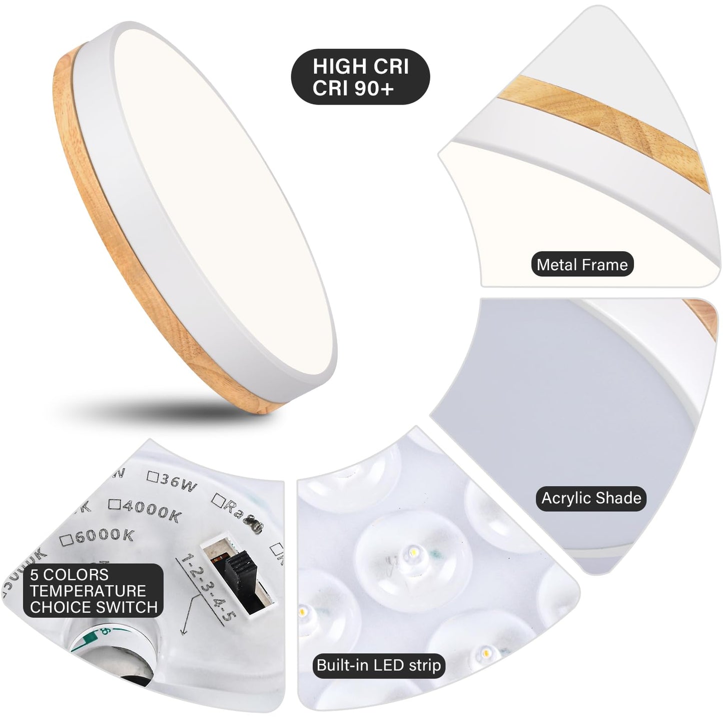 Modern LED Ceiling Light, Dimmable Wood Flush Mount Ceiling Lighting Fixture, 5CCT Round Wood Close to Ceiling Lamp for Kitchen Hallway Bathroom Office Laundry Room Entryway Nursery(White& 15.75 in)