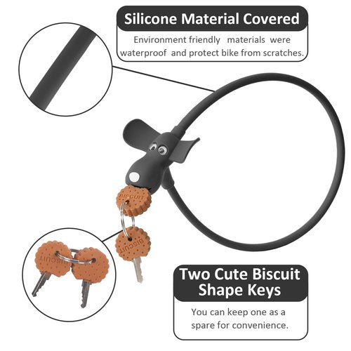 WOOQOTT Bike Cable Lock with Keys,Silicone Covered Kids Cable Lock Cartoon Lock,2 Feet Lock for Bike,Door,Skateboard,Helmet and More (Black)