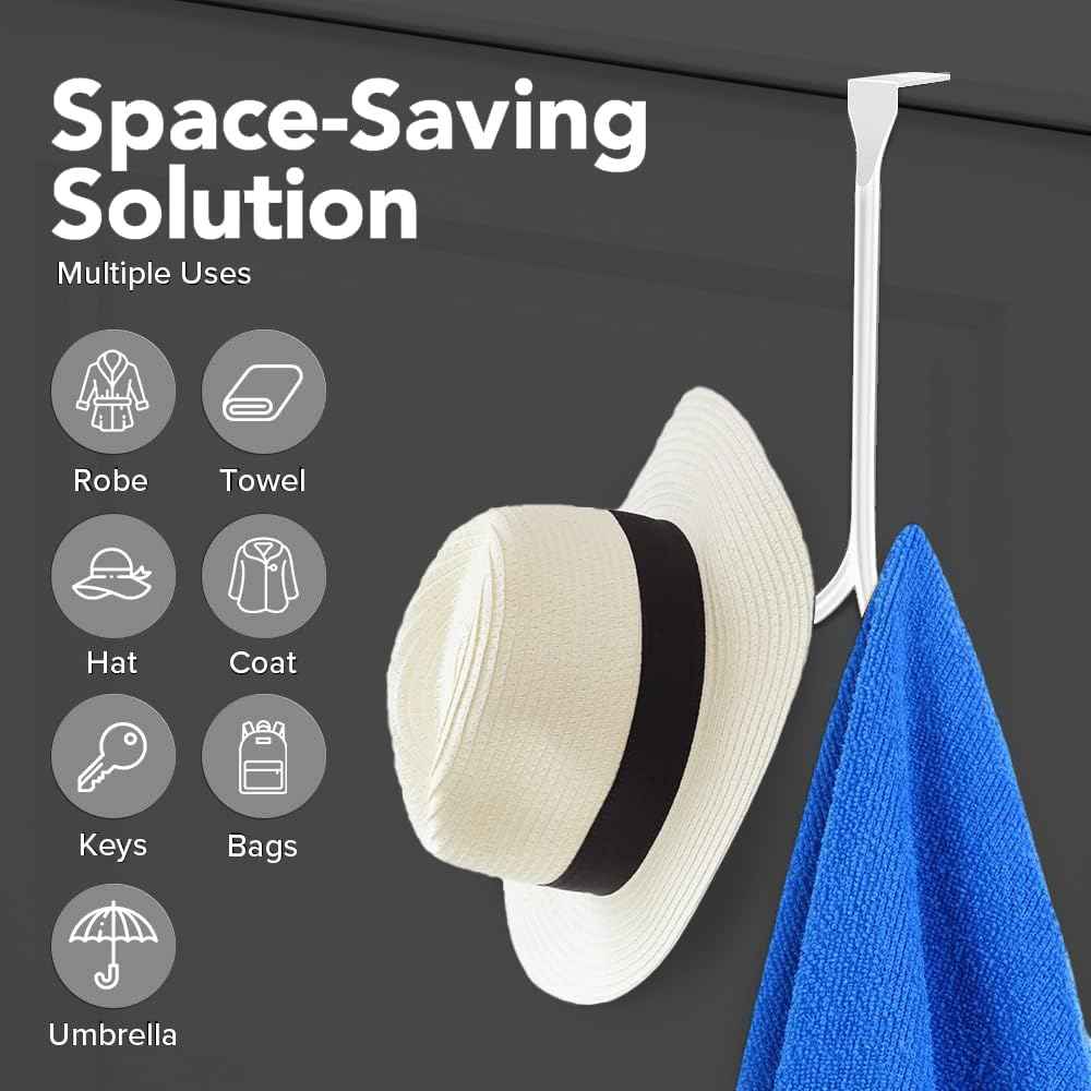 LEVAF 2-Pack Over The Door Hooks - with 2 Hang Heads & Snug Fit Pads Heavy Duty Hook for Hanging Coats, Towels, Caps & Robes - Elegant Matt Finish - No Drill Hanger Organizer - White