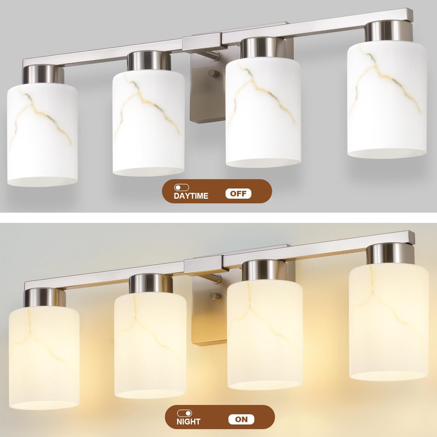 Mieloxiy 4-Light Bathroom Light Fixtures, Modern Vanity Lights, Brushed Nickel Metal Wall Lamp with White Marble Glass for Bathroom, Mirror, Living Room, Bedroom, Cabinet, Porch, Hallway, E26 Base