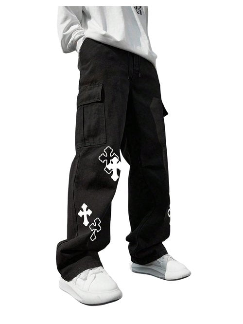 BEAUDRM Men's Cross Graphic Baggy Cargo Pants Drawstring Waist Wide Leg Sweatpants Streetwear Black Large