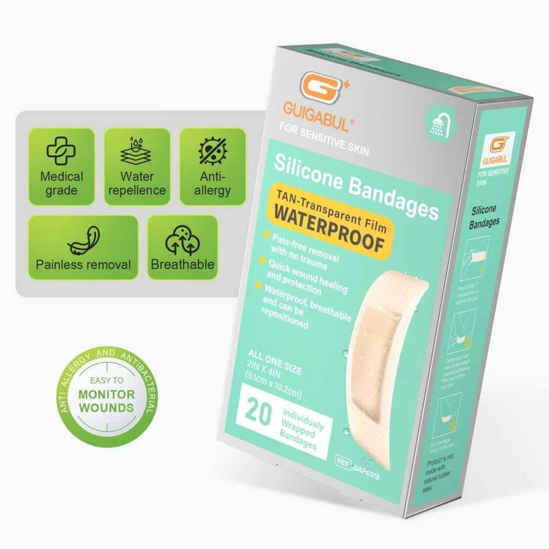 G+ GUIGABUL Silicone Adhesive Bandages Large Size for Sensitive Skin Pain-Free Removal Waterproof Hypoallergenic Breathable 2"x4" 20 Count Latex Free for Wound Care