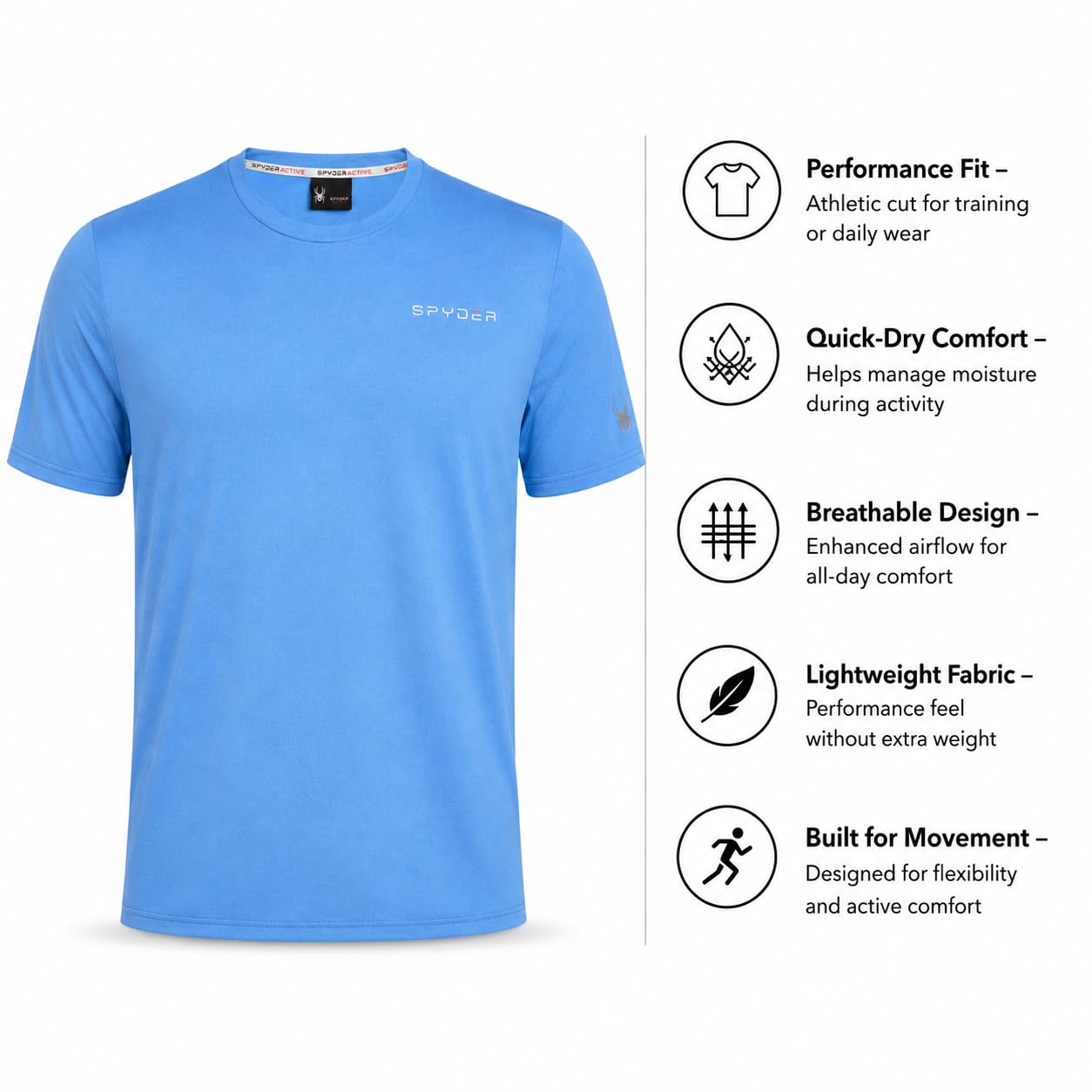 Spyder Mens Athletic Shirt Quick Dry Lightweight Short Sleeve Tee Royal