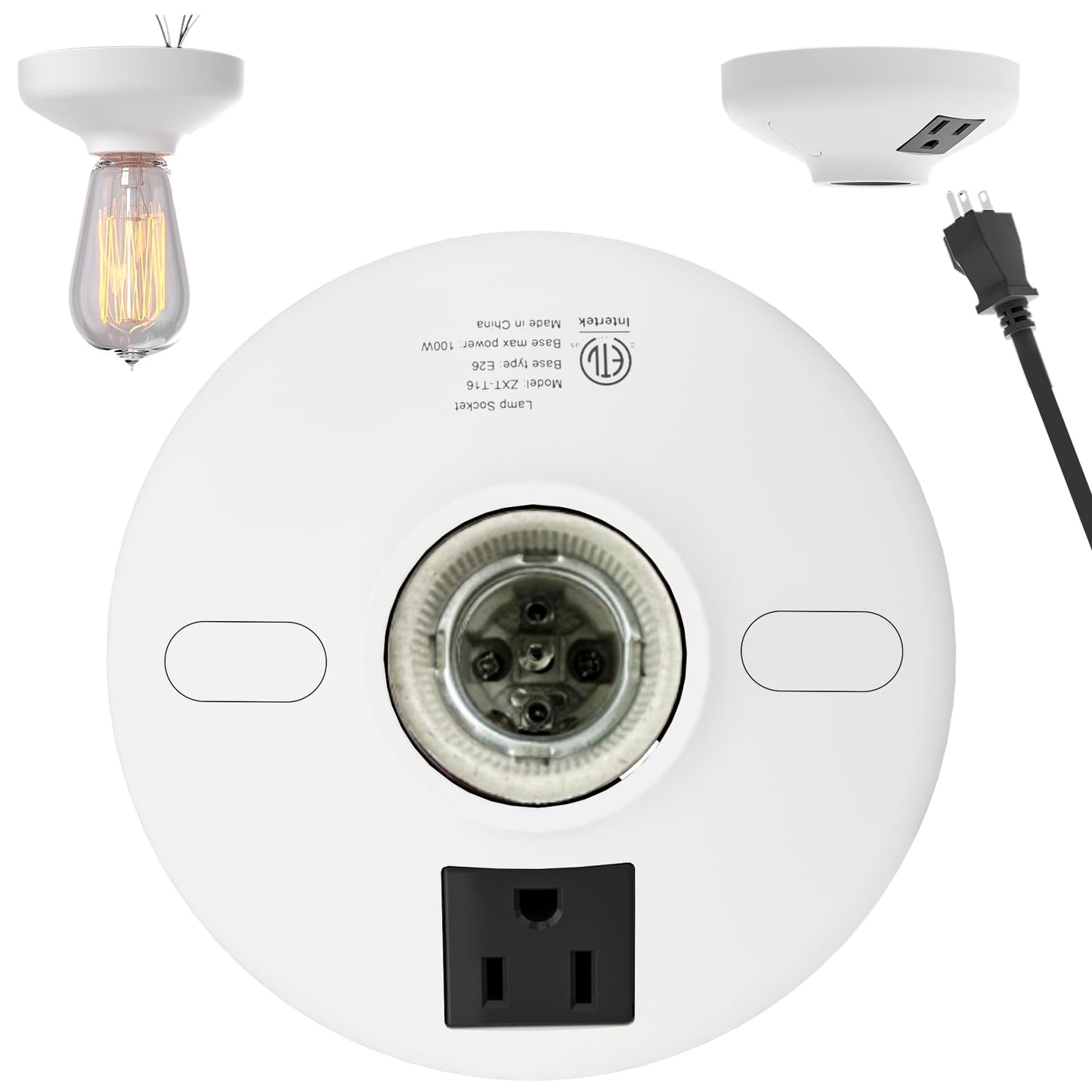 2-in-1 Light Socket Adapter with Outlet - E26/E27 Bulb to Power Outlet Converter,Grounded Plug, 3-Prong US Plug for Cameras, Projectors, Smart Devices