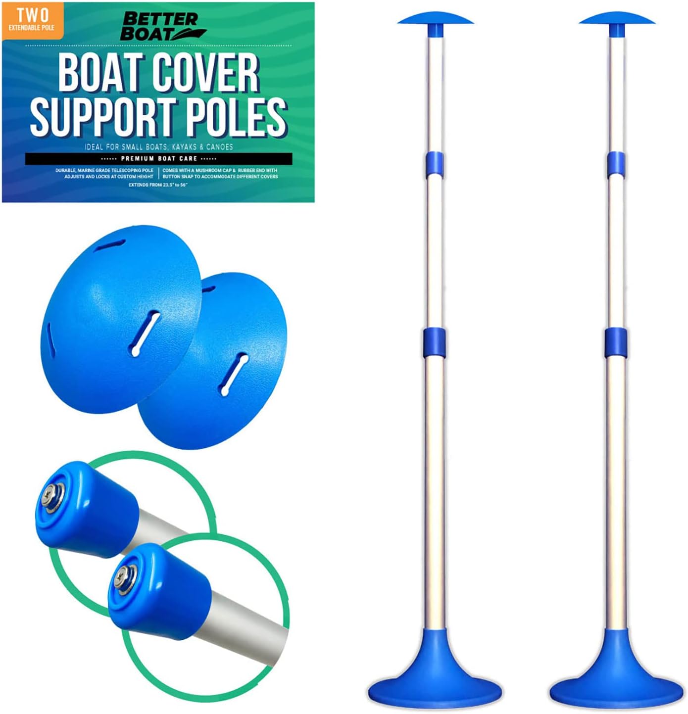 Better Boat Boat Cover Support Poles - Adjustable Twist Lock with Snap & Mushroom Tops | Marine Grade Aluminum, 2 Pack