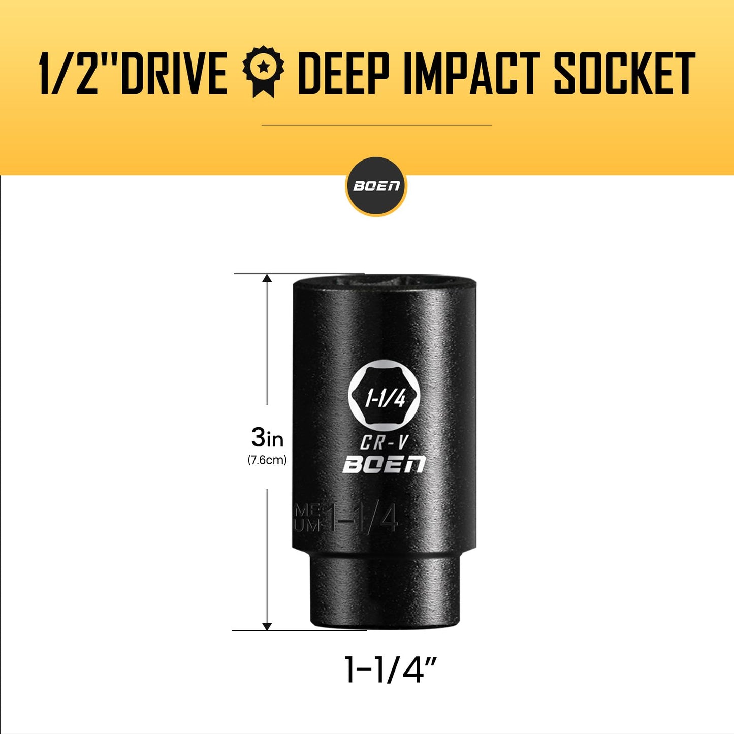 BOEN 1/2" Drive Deep Impact Socket,1-1/4 Inch Premium Socket,SAE,6 Point,Cr-V Steel with Laser Marking - Strong and Durable