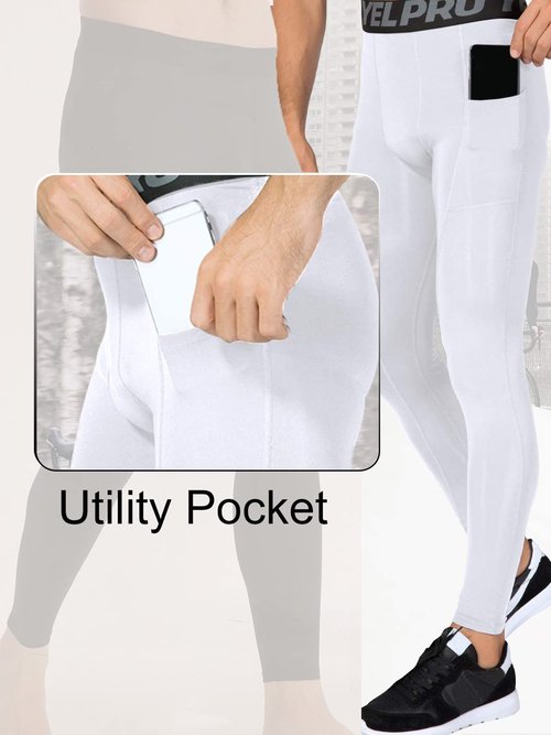 LEICHR 3 Pack Mens Compression Pants Running Tights Athletic Sports Baselayer Pockets Basketball Active Tights