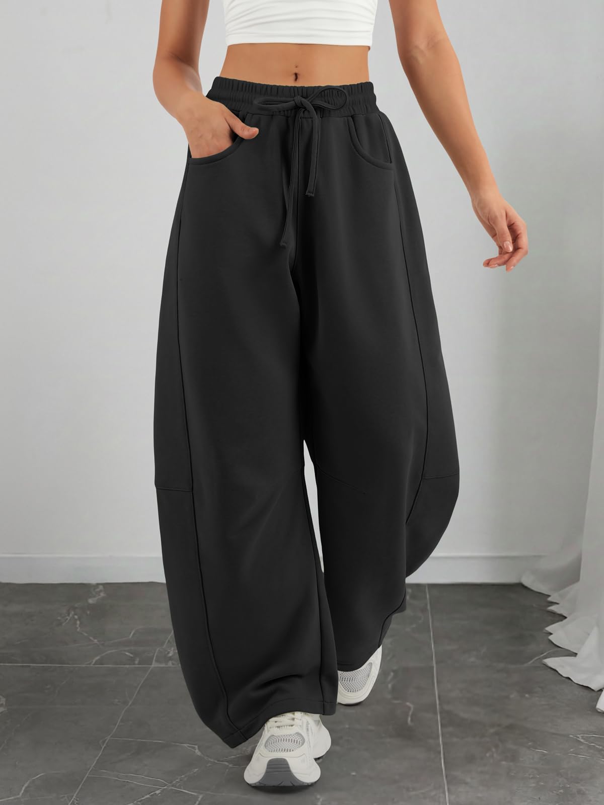 ATHMILE Barrel Sweatpants Women Fall Fashion Wide Leg Pants 2026 Baggy Lounge Comfy Flowy Sweat Pants with Pockets Teen Girl Black