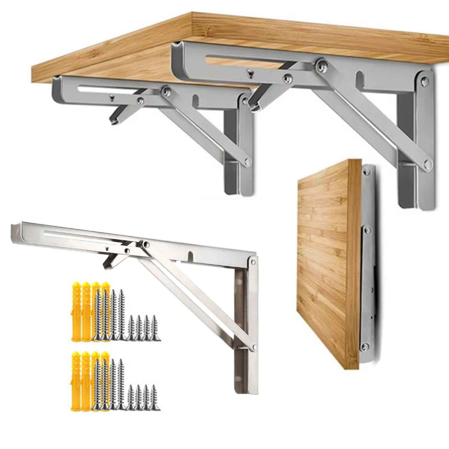 Folding Shelf Brackets, 2 Pcs Heavy Duty Collapsible Shelf Bracket, DIY Wall Mounted Folding Table Hinge, Space Saving for Bench Table with Screws (Silver, 10 in)