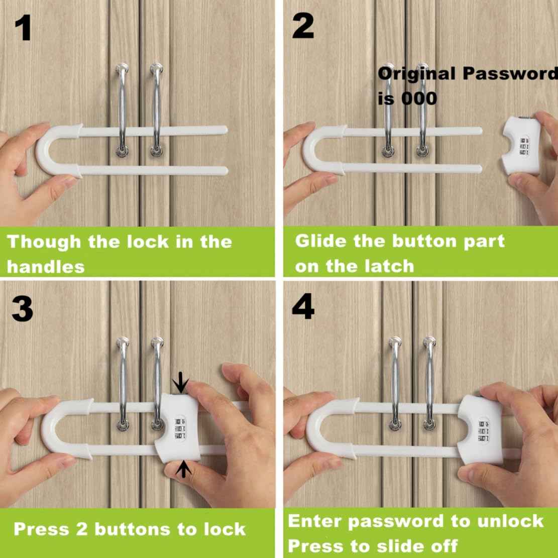FIGEPO 6 Pack Child Proof U-Shaped Code Sliding Cabinet Door Locks Adjustable Baby Safety Plastic Cupboard Cabinet Latches Set for Knob Handle Drawers Closet White