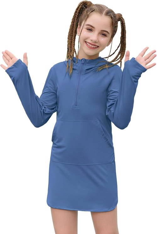 Jxstar Swim Cover Up - Girls Long Sleeve Hooded Rash Guard with Pockets | Perfect for Pool & Beach