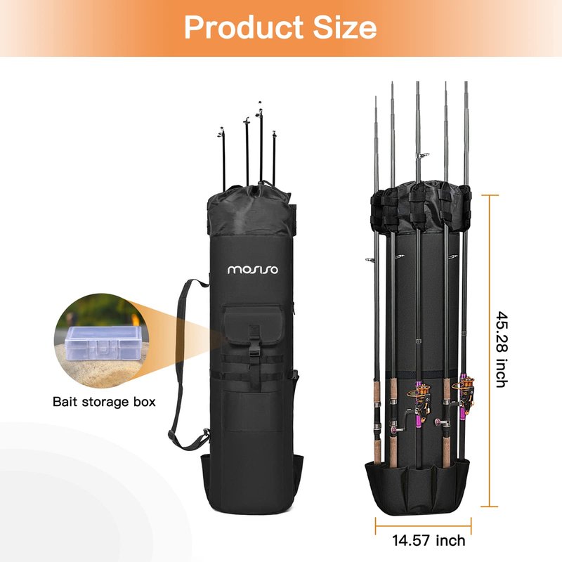 MOSISO Fishing Rod Case Bag, Fishing Pole Holders, Waterproof Large Capacity Tackle Gear Organizer Travel Carry Case Shoulder Storage Bag with 5 Poles Tackle, Black
