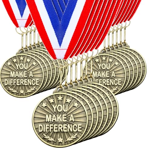 20 Pcs You Make A Difference Medals with Neck Ribbons - Gold