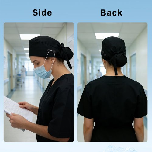 Hapforever 1PC Satin Lined Scrub Cap for Women, Surgical Nurse Caps with 4 Buttons Cotton Working Hat Sweatband Ponytail Scrub Caps for Long Hair Women with 2 Hair Ties (Black)