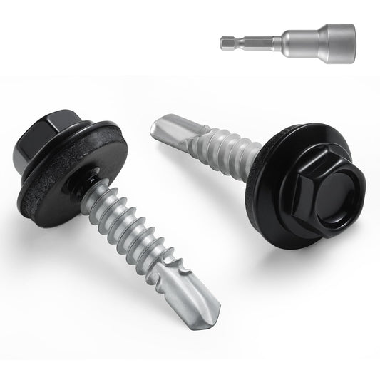 BNUOK #10 x 1 in Self-Drilling Metal Roofing Screws,Sheet Metal Roof Screw,EPDM Washer,Black Hex Head,with Hex Driver Bit(1LBs,85Pcs)