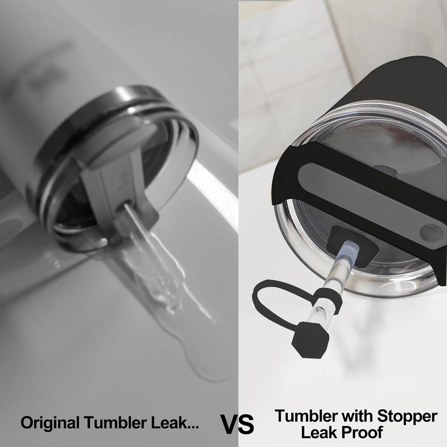 Silicone Spill Stopper Set - Compatible with Stanley Cup 2.0 30oz & 40oz | Includes Straw Cover (Set of 2, Black)