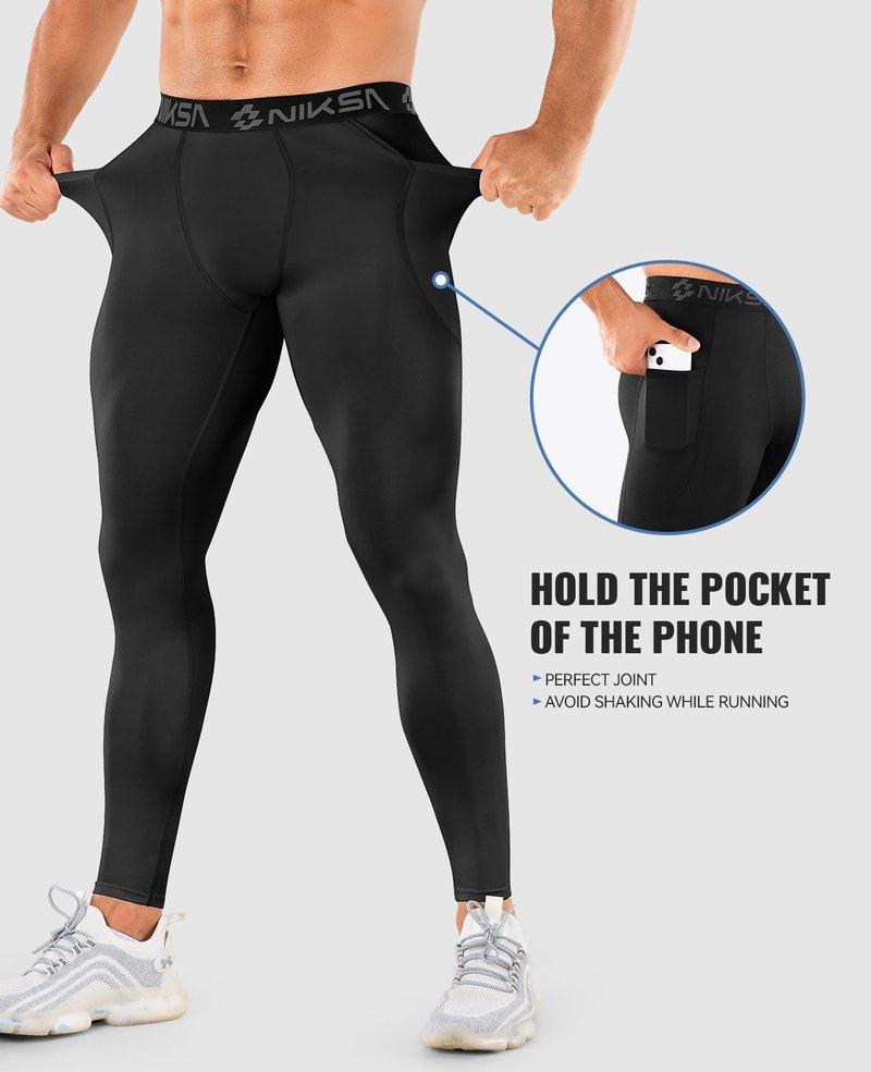 Niksa 1/3 Pack Men's Compression Pants with Pocket, Performance Athletic Sports Leggings & Gym Tights for for Running Yoga Basketball Workout Sports