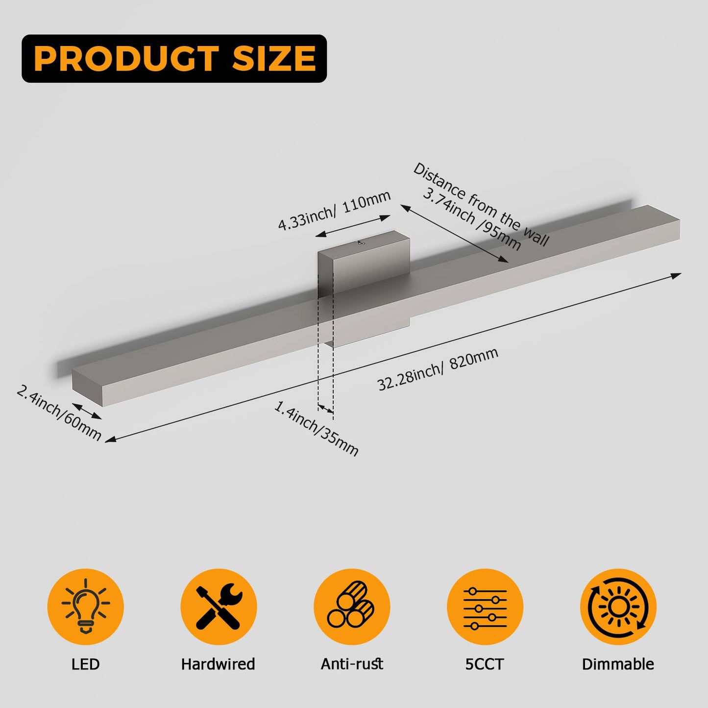 Joosenhouse LED Bathroom Vanity Light 5CCT Dimmable Bathroom Light Fixture Modern Vanity Lights Bar 32.28 Inch Brushed Nickel Wall Light