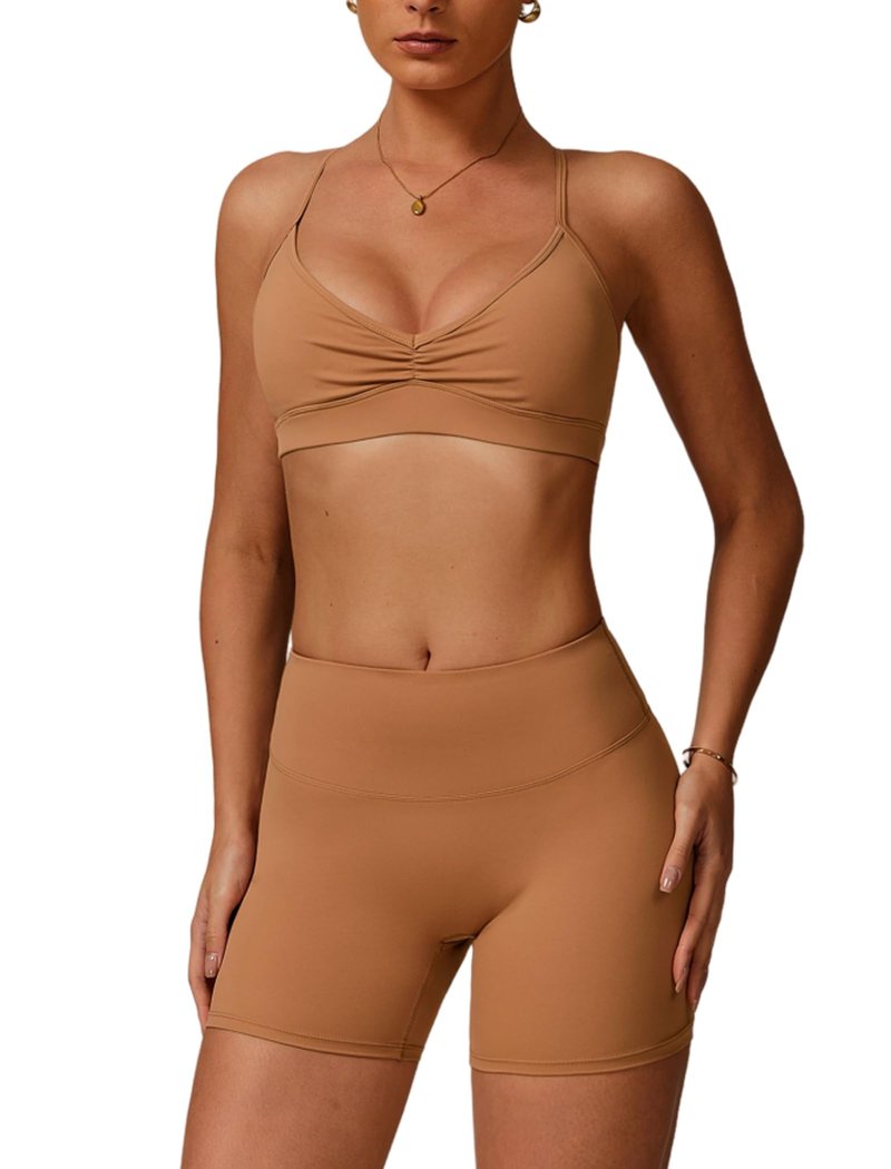 QBGJTD Two Piece Workout Sets for Women Front Scrunch Cross Back Sports Bras Matching High Waist Booty Lifting Shorts 2 Piece Gym Yoga Active Wear Outfits Womens Athletic Work Out Clothes Brown XL