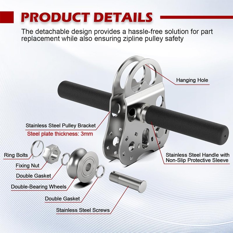 Fologtoo Zipline Pulley, 304 Stainless Steel Heavy Duty Zipline Trolley, 1100 lbs Working Load Limit - Reinforced Safety Handle for Backyard Zipline, Hauling, Suitable for 1/4 to 1/2 Inch Steel Cable