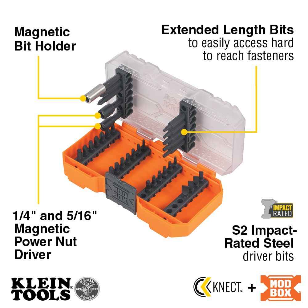 Klein Tools 33800 Impact Driver Bit Set, 35-Piece, S2 Steel with Phillips, Slotted, Square, TORX Bits and Magnetic Nut Drivers in MODbox Case