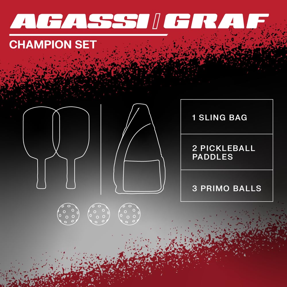 JOOLA Agassi/GRAF Champion Set with Pickleball Paddles, Balls & Sling Bag - Sandblasted Pickleball Racket - Agassi Shape with Extended Sweet Spot - UPA-A Certified - USAP Approved - NFC Chip Enabled