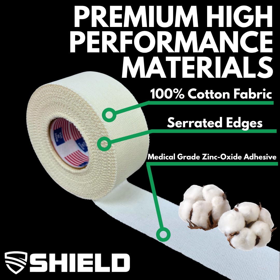 SHIELD Athletic Tape 1 Inch - Precision Cotton Sports Wrap, No Residue - 12 Pack for Fingers & Toes