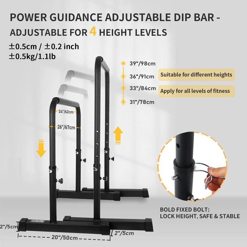 POWER GUIDANCE Dip Bar, Dip Stand Station for Full Body Strength Training, Adjustable Height 30Inches - 38.6Inched, Capacity 1200Lbs, 3 Colors Available (black)