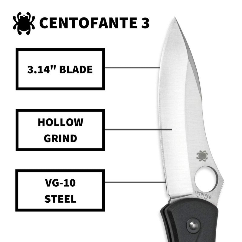 Spyderco Centofante 3 Folding Pocket Knife with 3" VG-10 Steel Blade and FRN Handle - EDC Knife for Men and Women, Perfect for Hunting, Tactical, Camping, Survival, Hiking - PlainEdge - C66PBK3