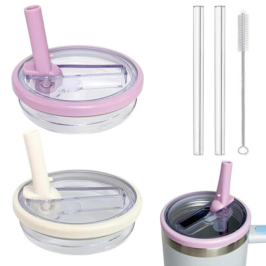 WHOLELIVES 40 oz Leak Proof Flip Straw for Stanley Lid, Tumbler Lid Replacement No Spill Proof for Stanley 40oz Cup Lid (Purple+Beige)