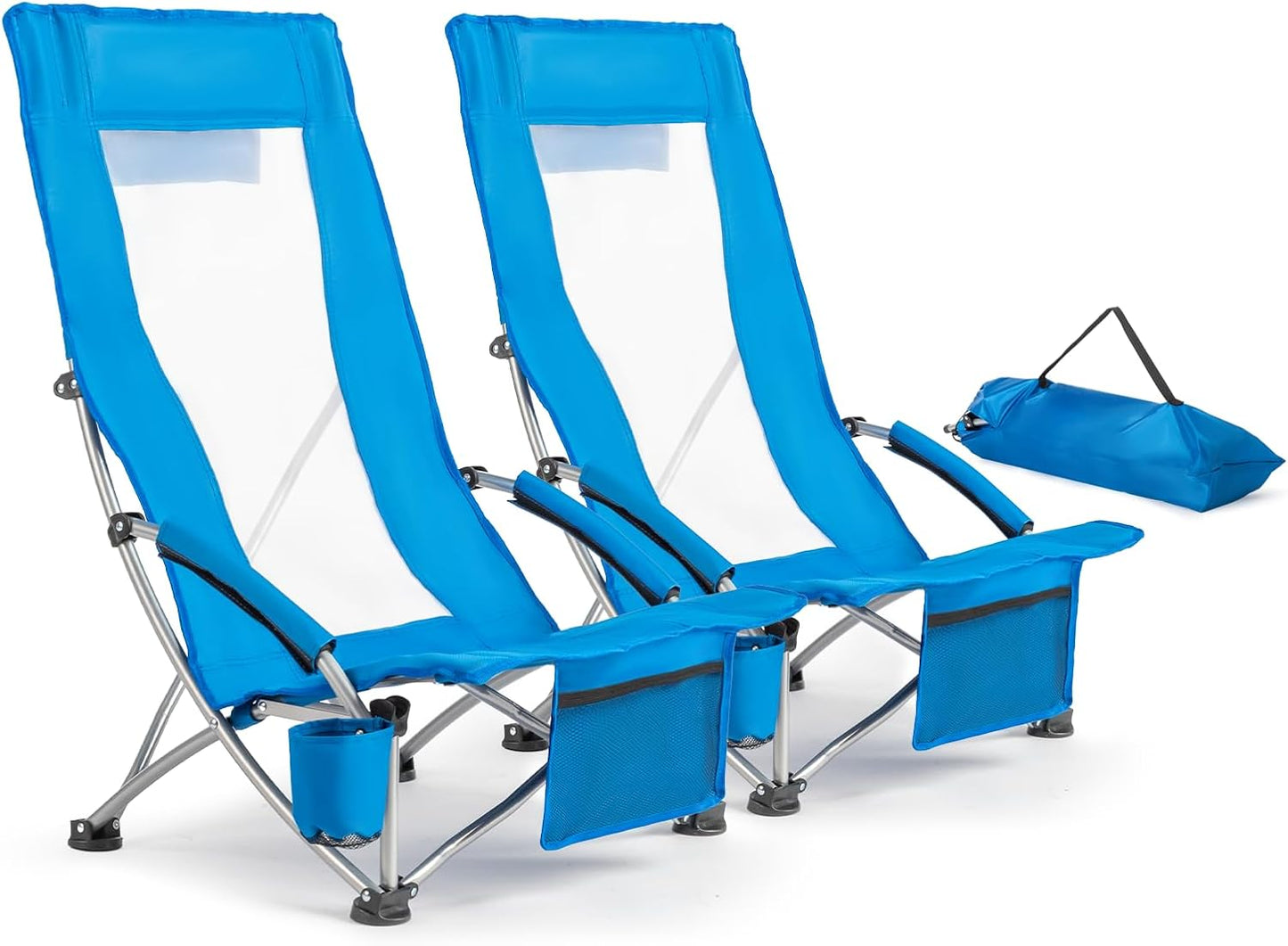 VINGLI Low Beach Chairs - High Back Portable Folding Chairs with Carry Bag | 2-Pack for Camping & Picnics