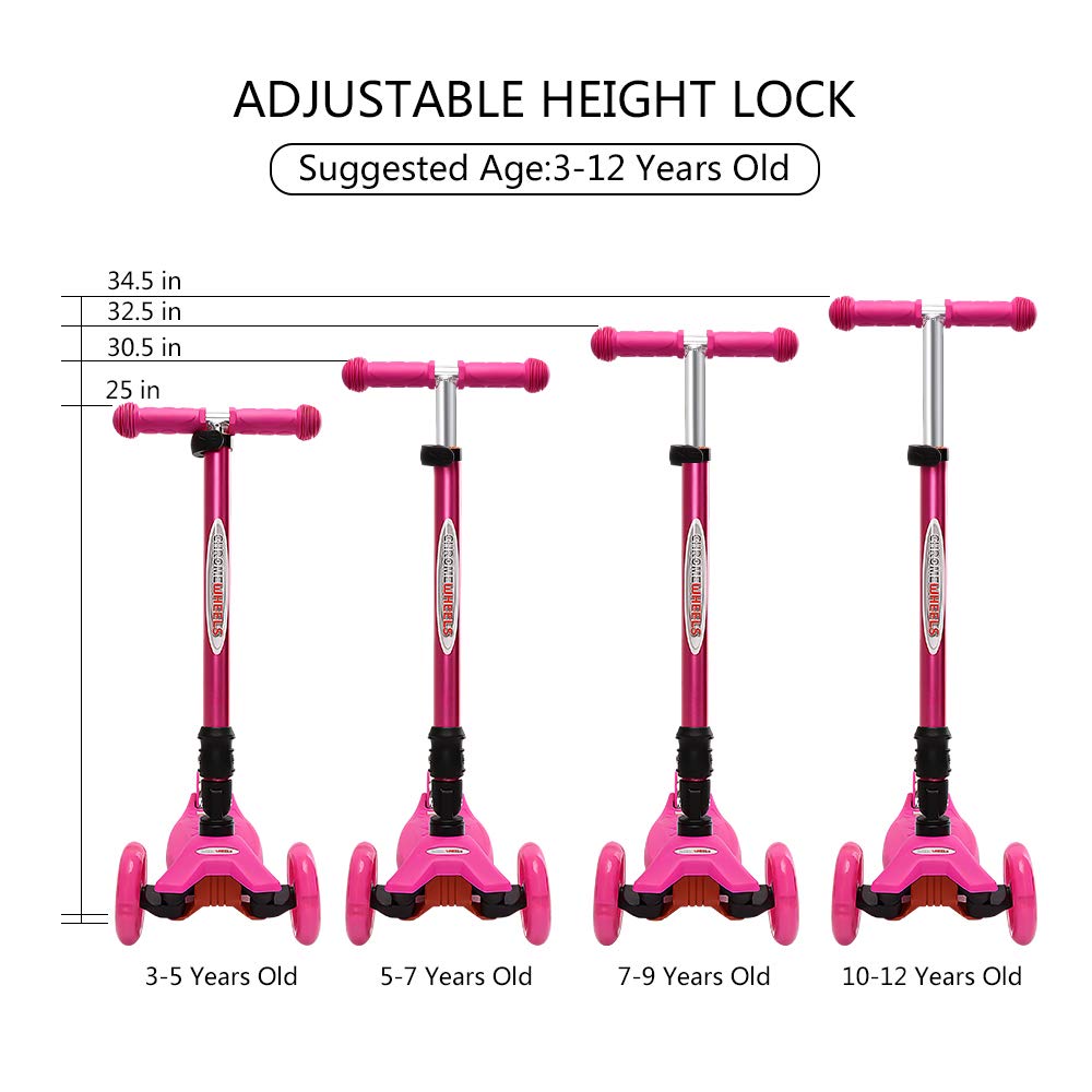 ChromeWheels Foldable Scooters for Kids, Deluxe Kick Scooter 4 Adjustable Height 132lbs Weight Limit 3 Wheel, Lean to Steer LED Light Up Wheels, Best Gifts for Girls Boys Age 3-12 Year Old, Pink
