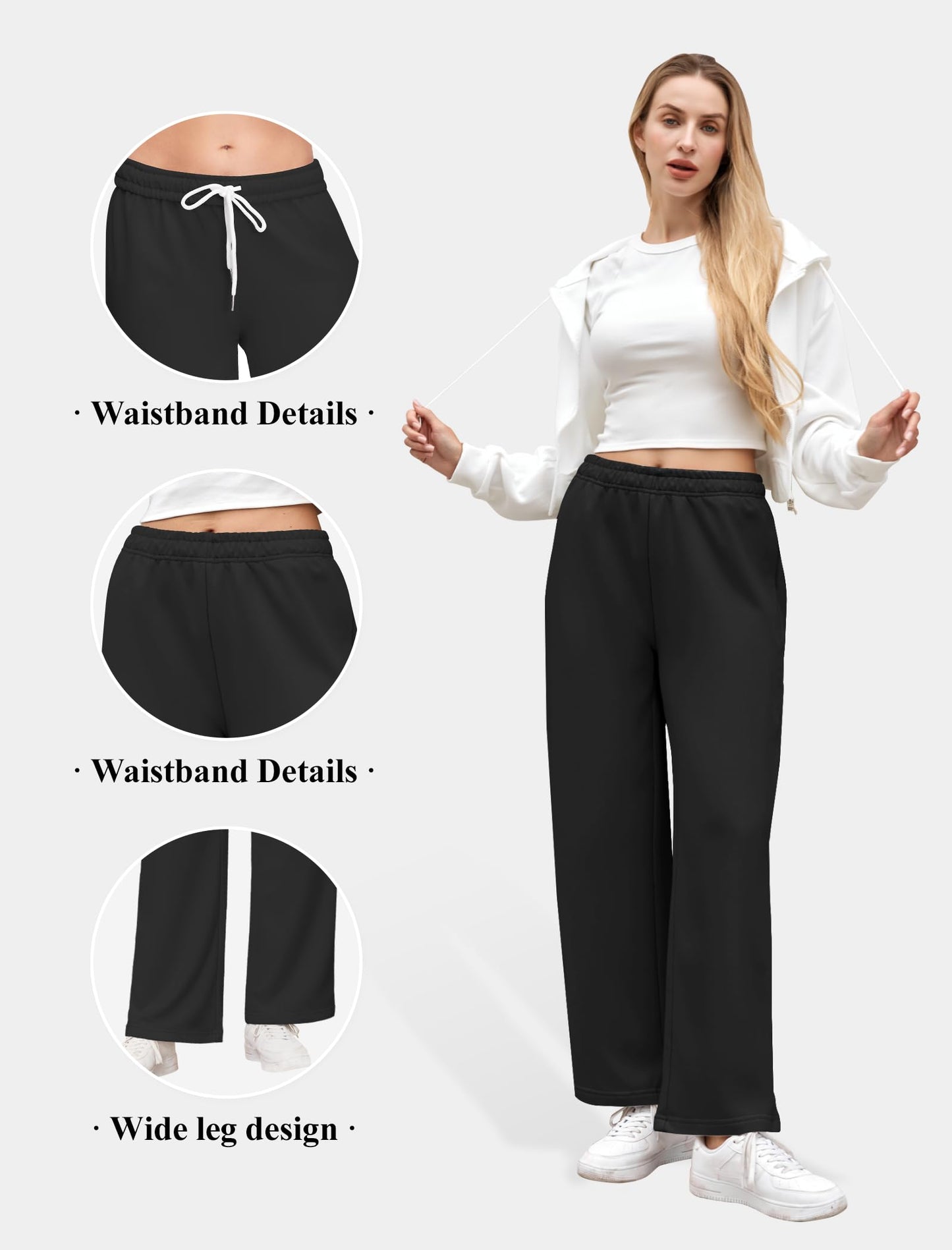 JEKAOYI Womens Sweatpants Wide Leg Drawstring Workout Casual Baggy Pants High Waist with Pockets Black